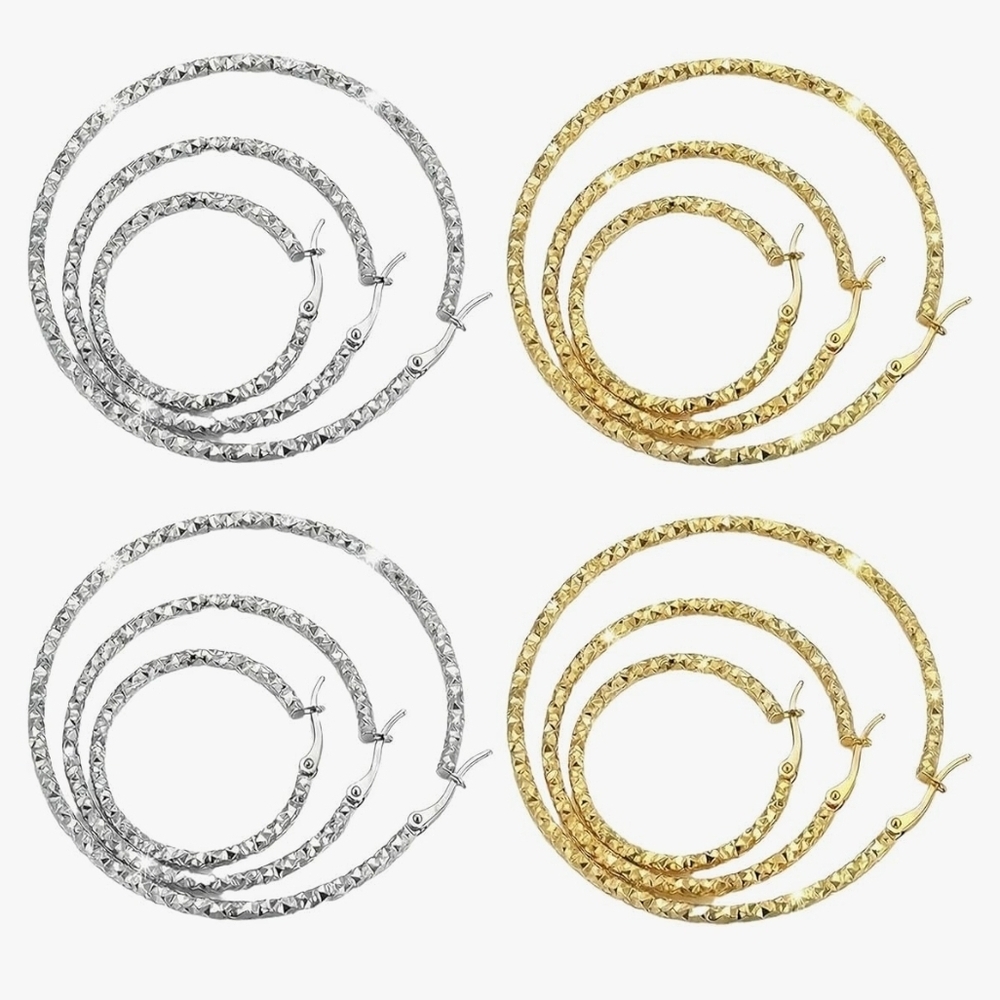 Hoop Earring Set (6 Count) Silver & Gold Textured Stainless Steel Hypoallergenic